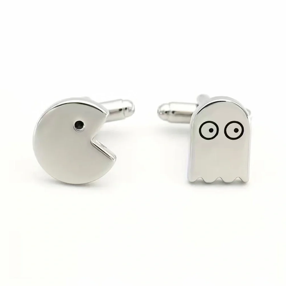 Men’s Pac Man & ghost 80s video game novelty silver cuff links